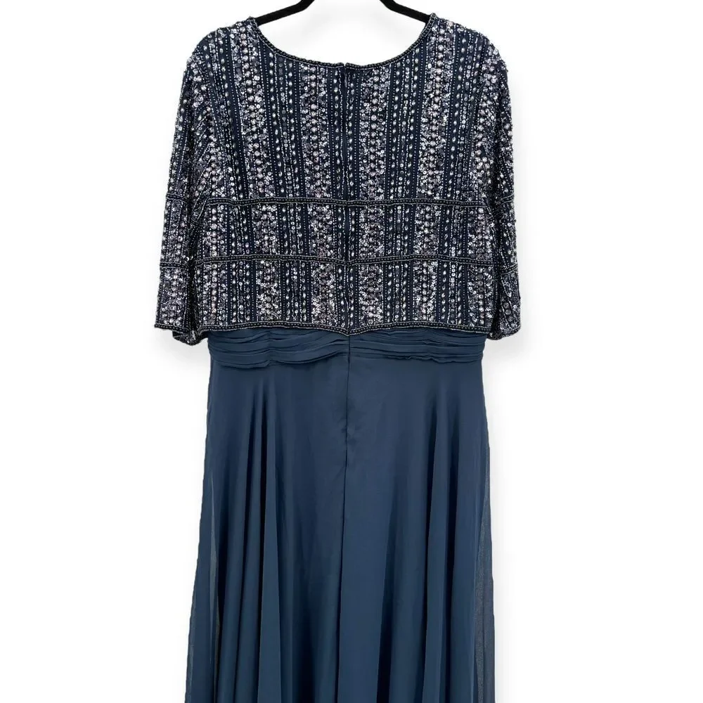 Mac Duggal NEW Chiffon Gown w/ Fully Beaded 3/4 Sleeve Top Navy $598 - Size‎ 18 - Picture 10 of 13